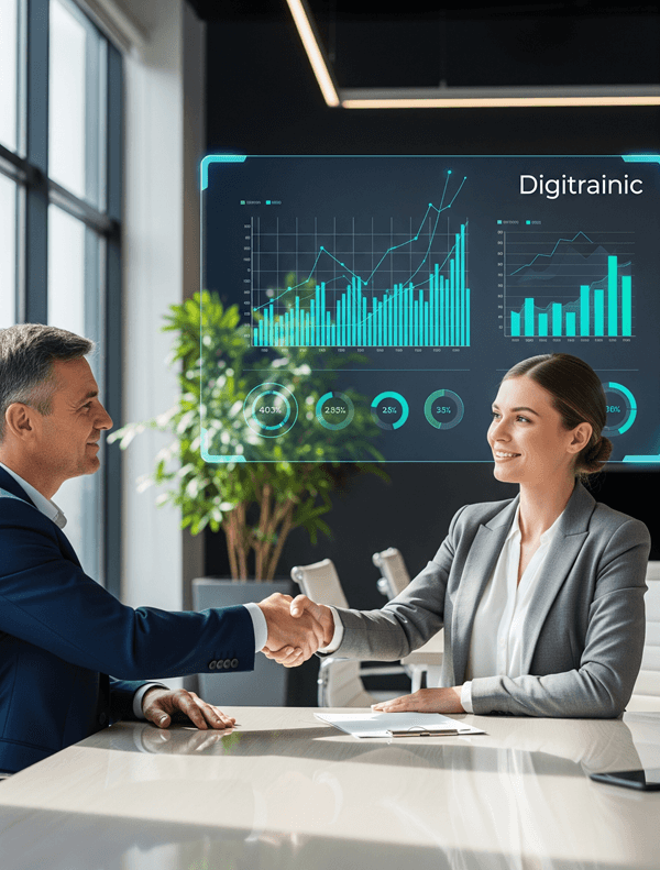 Professional woman working at desk with digital analytics dashboard